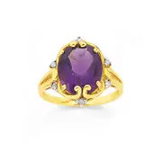 9ct Gold, Amethyst & Diamond Oval Antique Ring in Purple