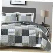 3-Piece Queen Quilt Set, Lightweight Soft Full Size Quilt Gray Patchwork