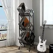 Simoretus 3 Tier Vinyl Record Storage Rack, Mobile Black Metal LP Storage Display Stand with Casters, Large Capacity Record Holder for Albums, Books, Magazines, and Office Files