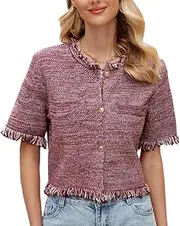 [Ladyful] Womens Cropped Cardigan Sweater Open Front Short Sleeve Fringe Trim Tweed Knitted Top Shrug
