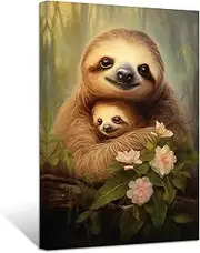ZXHYWYM Sloth Wall Art Sloth Mother and Baby Picture Prints Jungle Animal Painting for Kids Room Nursery Decor Framed (Art-2, (45L x 30W cm))