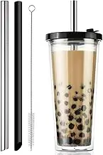 VITEVER Bubble Tea Cup, 24oz Iced Coffee Cup with Straw and Lid, Leakproof Clear Plastic Bubble Tea Tumbler, Double Wall Insulated Smoothie Tumbler, Black