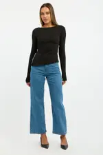 Black Top Long Sleeve Boat Neck Side Split - Size 14L, Women's T-shirt