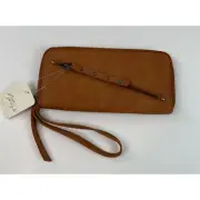 Free People Wallet Brown Vegan Wristlet Strap Zip Closure Clutch Boho NWT