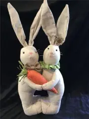 NEW Easter BULAP RABBITS BUNNIES MR & MRS HUGGING W/ CARROT NWOT