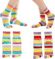 [Pursuestar] 2 Pairs Cotton Five Finger Socks Split Tabi Toe Socks Rainbow Stripe Socks Athletic Casual Seperated Socks for Women Girls
