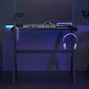Gaming Desk LED, Y-Shape Computer Table, RGB Light Streamlined Ergonomic Design, Stable Z-Leg for Home Office