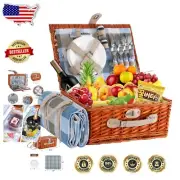 Elegant Wicker Picnic Basket with Waterproof Blanket & Insulated Cooler Set