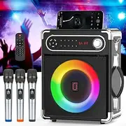 Karaoke Machine with 3 Wireless UHF Microphones for Adults, Portable Bluetooth Speaker, Party Speaker with Disco Lights for Outdoor, PA System Karaoke Speaker Support TWS, Unpowered Cabinets