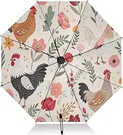 [RPLIFE] Umbrella, Auto Open Close Compact Travel Umbrella Windproof, Compact Size for Backpacks/Handbags - for Travel, Roosters Floral Cream
