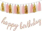 Rose Gold Happy Birthday Banner and Paper Tassel Garland - Party Decorations for Baby Girls Women - Retro Pink and Gold Sign