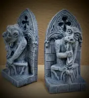 Bone Eater Gargoyle Bookends Pair Vintage Grey Finish Mythical Statue