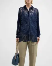 Johnny Was Jade 'Flicka' Navy Button-Down Shirt w/ Slip sz L NEW