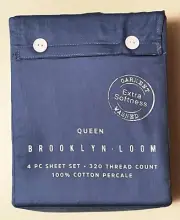 Brooklyn Loom Queen 320TC Blue 100% Cotton Percale Sheet Set