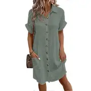 Summer Women Dress Turn-down Collar Single-breasted Loose Short Sleeves Loose Solid Color Patch Pocket Knee Length Commute Leisure Midi Dress green L