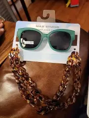MAX STUDIO SUNGLASS & CHAIN 100% UVA/UVB Protection GREEN Oversized Glasses