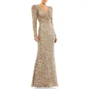 Mac Duggal Puff Shoulder Long Sleeve Sequined Surplice Gown in Shimmering Gold at Nordstrom, Size 14