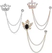 [Zaky] 3 Pcs Men's Golden Silver Crown With Hanging Chain Brooch, Lapel pin, lapel pins for men Suit Pin Vintage Chain Brooch Suit Shirts Accessories, Zinc