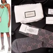 M NEW $290 GUCCI Woman's Gray w/ PINK GG Logo Lame' Cotton Calf SOCKS & DUSTBAG