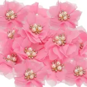 2.36 Inch Rhinestone Chiffon Flower, 15 Pcs Fabric Appliques, Rose Pink