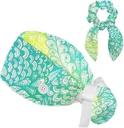 [FVQL] 2 Pack Surgical Hats for Women, Ponytail Scrub Cap with Hair Scrunchies, Floral Abstract Peacock Feather