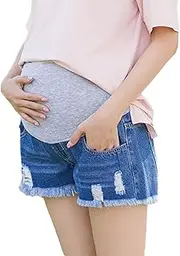 [Liposhion] Women's Maternity Jean Short Roll Hem Distressed Stretchy Pregnant Ripped Denim Shorts Casual Short Pants