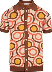 [OXKNIT] Polo Shirt Men's Short Sleeve Brown Button Down Polo Shirt Knitted Casual T-Shirt, Brown, M