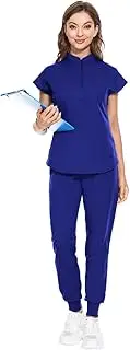 [YEZEX] Scrubs for Women Set, Medical Jogger Suit Stretch Top & Pants, with Multi Pocket, for Nurse Esthetician Workwear