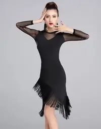 在飛比找Yahoo!奇摩拍賣優惠-《國標晶選》黑色 流蘇 長袖 透膚 連身舞衣 洋裝 拉丁 舞