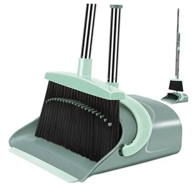 Broom and Dustpan Set, Broom Dust pan, Dustpan with Long Handle, Gray&green