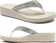 [KuaiLu] Womens Dressy Rhinestone Platform Flip Flops Trendy Comfortable Arch Support Cushion Walking Thong Sandals Yoga Foam Low Wedge Slippers Summer Pool Beach