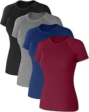 [Coume] 4 Pack Women's Compression Shirts Short Sleeve Workout Tops Running Athletic Yoga T-Shirt for Gym Sports Gear Dry Fit