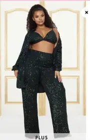 Pretty Little Things Green Sequin Wide Leg High Waist Pants 1X