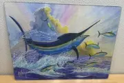 Guy Harvey Blue Marlin Tempered Glass Cutting Board 12”x16”. Mahi Getting Ate