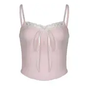 V-Neck Contrast Lace Trim Ribbed Tie Front Crop Camisole Top Pink - L