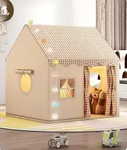 Large Kids Play Tent with Mat, XICEN Play Tent Indoor with Lights and Windows, Playhouse for Boys and Girls Aged 3+, Kid Tent with Mat Washable (Beige-A)