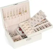 Moslyn Jewelry Box for Women Girls 2 Layers Jewelry Organizer Container with Lock PU Leather Storage Case with Removable Tray Jewlwey Holder for Necklaces Earrings Bracelets Rings Watches (White)