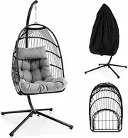 Costway Hanging Swing Egg Chair W/Stand, Cozy Head Pillow & Cushion, Rustproof Steel Frame & Weatherproof Rattan, Dust Cover Included, Indoor Outdoor Hammock Chair for Backyard, Balcony