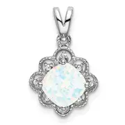 14k White Gold Created Opal and Real Diamond Scalloped Pendant