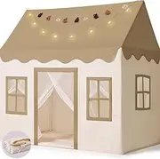 Large Kids Play Tent with Mat, Play Tent Indoor with Star Lights, Flag and Windows, Playhouse for Boys and Girls Aged 3, Kid Tent with Mat Washable (Khaki)
