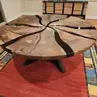 Custom Made Dark Walnut Wood Black Epoxy Round Dining Table - Dining Room Table