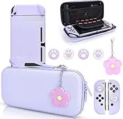 DLseego Switch Case Set Carrying Case with 10 Slots Cute Protective Dockable Hard Shell with 4PCS Glitter Cat Paw Thumb Grips Caps and 1PC Flower Blossom Chain For Switch 2017 (Purple)