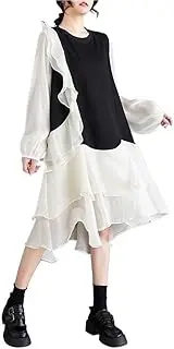 [GHAKKE] 2025 Women Fashion Chiffon Patchwork Oversized Dress Round Neck Long Sleeves Loose Layered Ruffle Hem Flowy Midi Dress