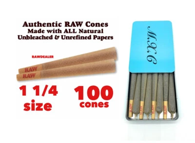 raw classic 1 1/4 size pre rolled cone(100)+steel slide lock cone holder case