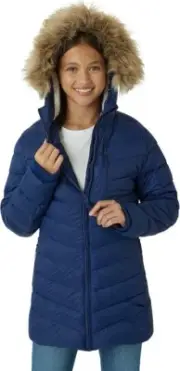 Eddie Bauer Girl's Long Parka Bubble Jacket Fur Hood Navy Blue Size Large (14)
