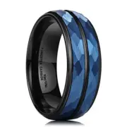 Blue Hammered Tungsten Carbide Ring Black Two Tone Wedding Band NEW*