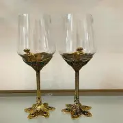 Set of 2 Gorgeous Peacock Stem Wine Glasses Gold Metal with Blue Rhinestones NEW