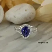 2.35CT Pear Shape Real Blue Sapphire Split Shank Halo Jewelry Ring 14K Gold Over