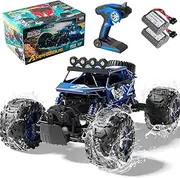 1:10 Big Amphibious RC Truck, IPX6 Waterproof 30 Km/h 4x4 Off-Road RC Rock Crawler, RC Monster Truck with Al alloy shell & LED Light, 2.4GHz All Terrain RC Cars with 2 Batteries 100Mins Play (Blue)