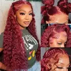 Hedy 30 Inch 99J Burgundy Deep Wave Lace Frontal Human Hair Wigs for Women Pr...